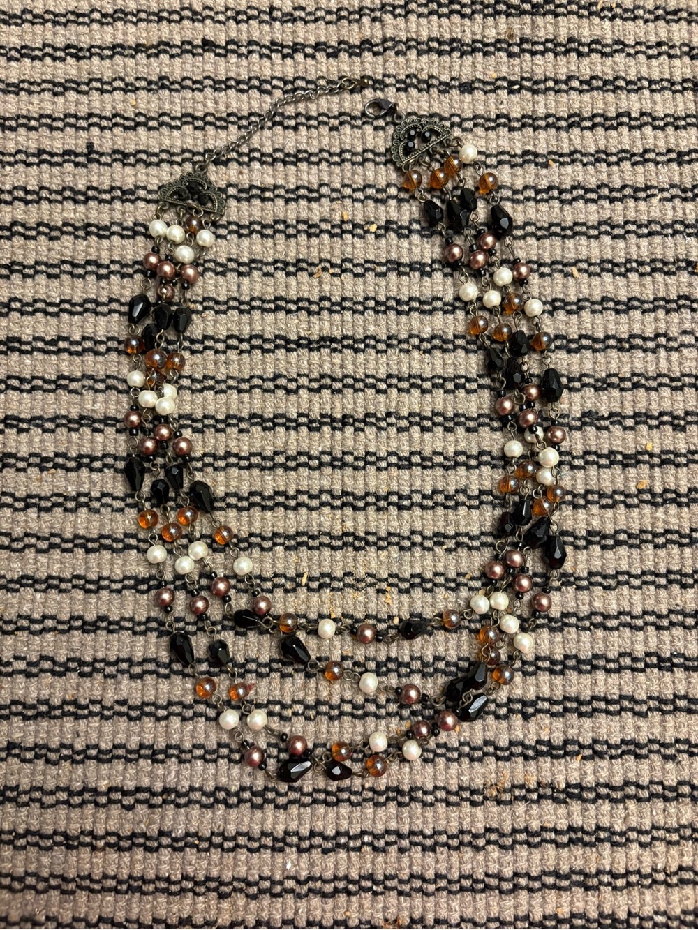 Multi-Strand Pearl and Bead Necklace in Black, White & Amber - costume